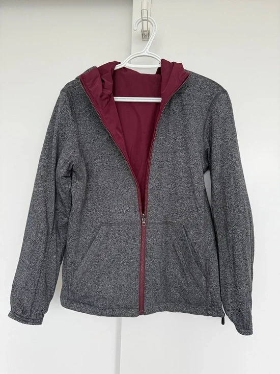 Reversible Maroon Hooded Rain Jacket with Gray Lining - Picture 4 of 8